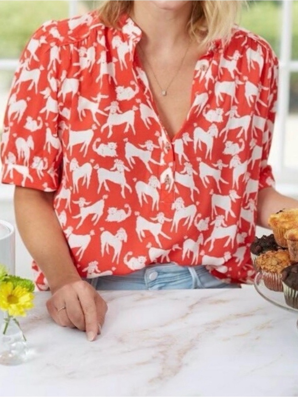 Anthropologie Emily Isabella Poodle Red Button-Down Blouse Medium